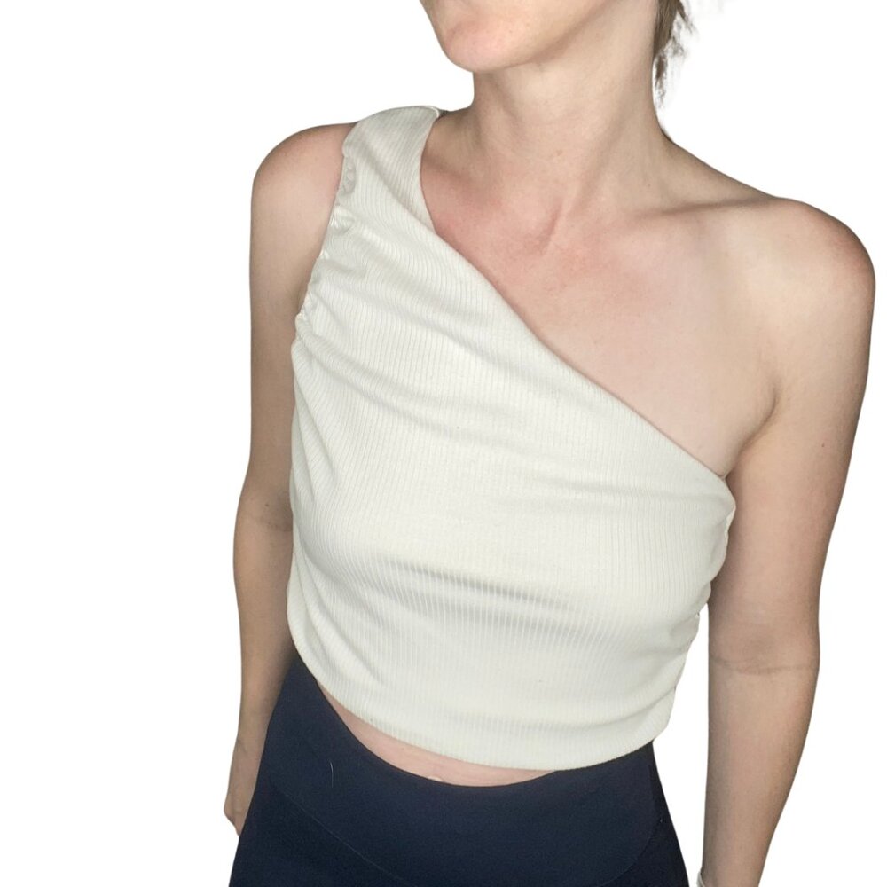 Endless Blu Off-white Cream Ribbed Textured One Shoulder Crop Top Shirt Large
